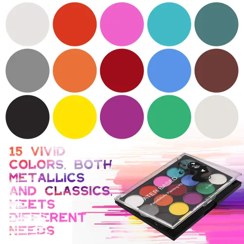 Vista 2 de Kit de pintura facial – 15 colores vibrantes de maquillaje a base de agua No tóxico, lavable e hipoalergénico para niños y adultos Halloween