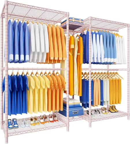 Vista 11 de Ulif E12 - Perchero independiente resistente con estantes, sistema de almacenamiento de ropa de metal para colgar ropa, 57.1 pulgadas de ancho x 16