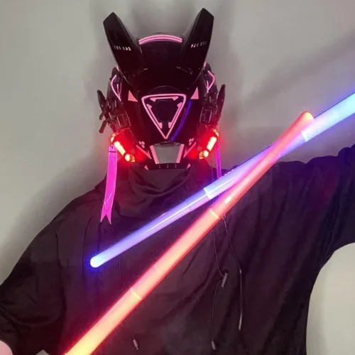 Vista 3 de Máscara punk futurista para hombres y mujeres, máscara mecánica negra punk tecnológica con luces LED, máscara de cara completa para cosplay