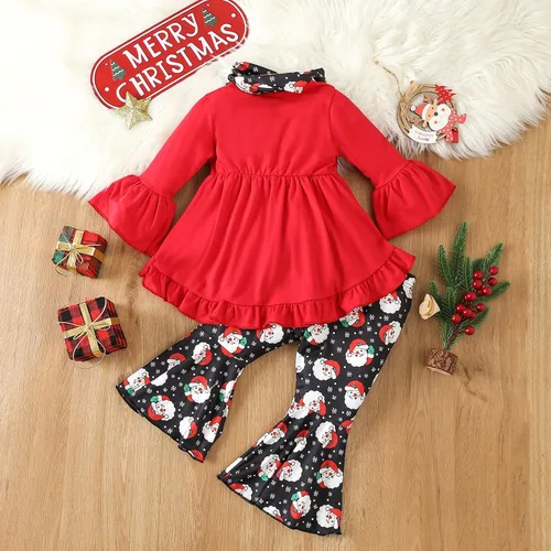 Vista 3 de Traje de Navidad para bebé niña, camisa de manga larga, vestido con volantes, leggings para niños, pantalones acampanados, bufanda, disfraz de Papá