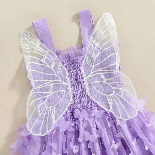 Vista 6 de Toddler Baby Girl Butterfly Dresses Solid Frill Princess Layered Sling Tulle Tutu Dress Birthday Party Casual Clothes
