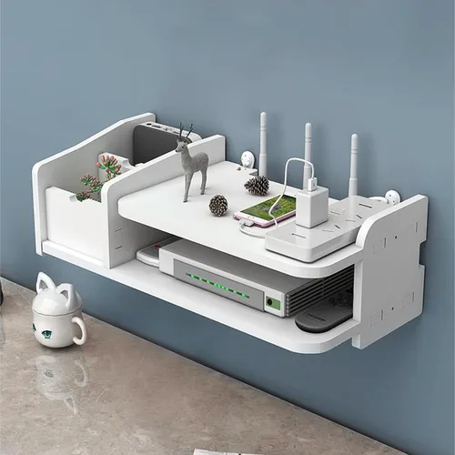 Vista 2 de Catekro Estante de pared flotante para enrutador WiFi, vallas de enrutador, viene con cuatro soportes de estante y 100 cremalleras de cable negro