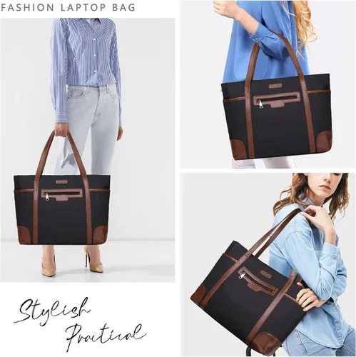 Vista 2 de ChaseChic - Bolsa para laptop para mujer, impermeable, clásica, para profesores, de 15.6 pulgadas, con correa de equipaje Negro y marrón: 15.6