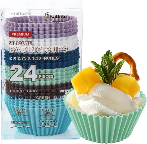 Vista 8 de Katbite Paquete de 24 forros de silicona para cupcakes, juego de forros de silicona antiadherentes para magdalenas, moldes gruesos y resistentes
