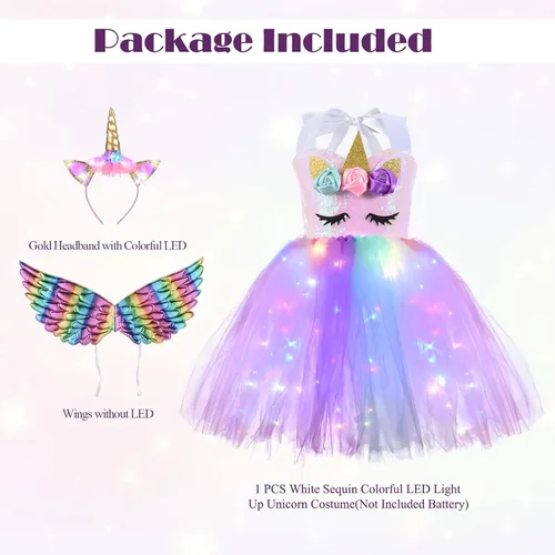 Vista 3 de Sequin LED Light Up Unicorn Custome for 4-10Y Girls Birthday Gifts Outfit Unicorn Tutu Dress with Headband and Wings