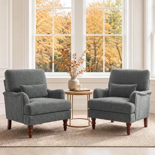 Vista 30 de Mid-Century - Silla decorativa moderna con almohada lumbar, color gris Chenille Gris Claro