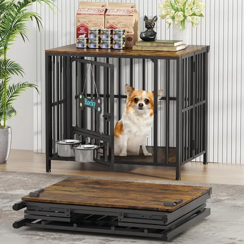Vista 19 de Easycom 104 cm mueble de jaula para perros plegable, sin ensamblaje perrera decorativa para interior, jaulas para perros grandes (15.9-27.2 kg)