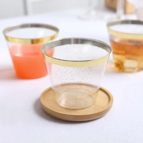 Vista 9 de Tableclothsfactory Paquete de 25 vasos de plástico desechables para fiestas, 9 onzas, con borde dorado y purpurina