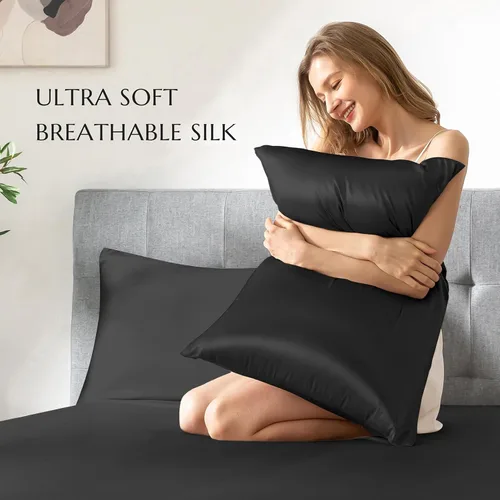 Vista 6 de THXSILK funda de almohada de seda de morera para cabello y piel, con cremallera oculta, seda de morera natural de 19 momme en ambos lados Negro