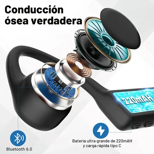 Vista 6 de Auriculares impermeables de conducción ósea de oreja abierta, Bluetooth 6.0, batería de larga duración, auriculares inalámbricos ultraligeros