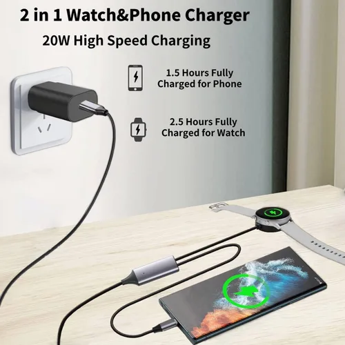 Vista 2 de Carga rápida USB C 2 en 1 compatible con Samsung Galaxy Watch 7/6/6 Classic/5/5 Pro/Ultra/FE, 4/3/Active 2/Active SmartWatch y Galaxy S24/S23
