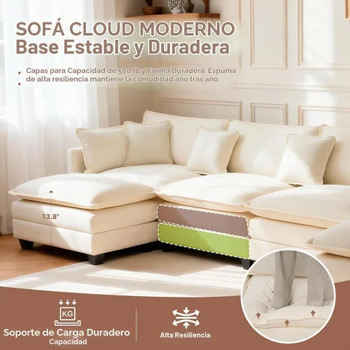 Vista 4 de Sofá seccional, cómodo sofá modular de nube, sofá modular de asiento profundo, sofá moderno en la nube, sofás modulares para sala de estar Beige