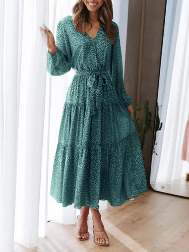 Vista 4 de PRETTYGARDEN - Vestido largo para mujer, de manga larga, cuello en V, estampado de leopardo, volantes, lazo en la cintura, estilo bohemio, de gasa