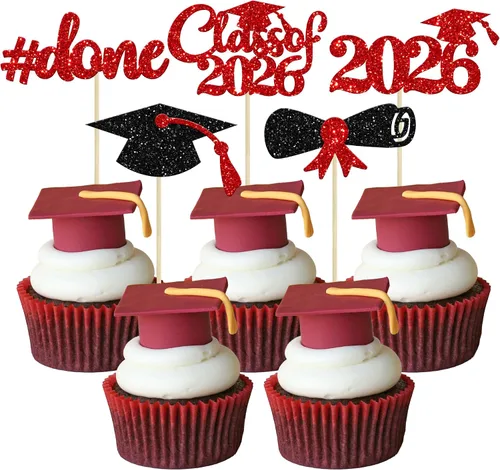 Vista 17 de Gyufise 24 piezas Adornos para pastel de graduación 2026 con purpurina negra, clase de 2026, adornos para magdalenas con gorra de graduación