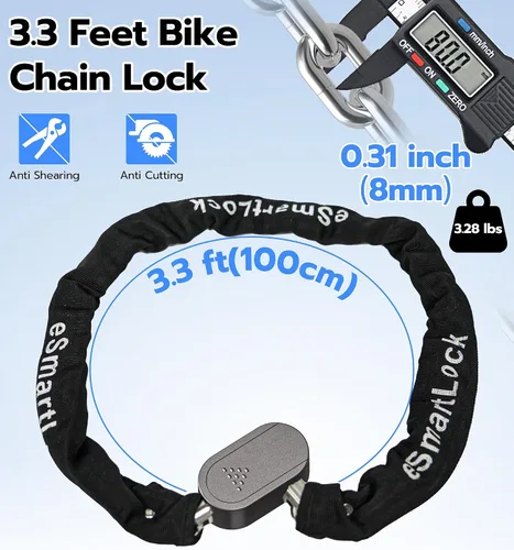 Vista 2 de Anweller Cerradura de cadena para bicicleta de huellas dactilares, resistente al robo, resistente a la intemperie, aplicación Bluetooth bloqueo