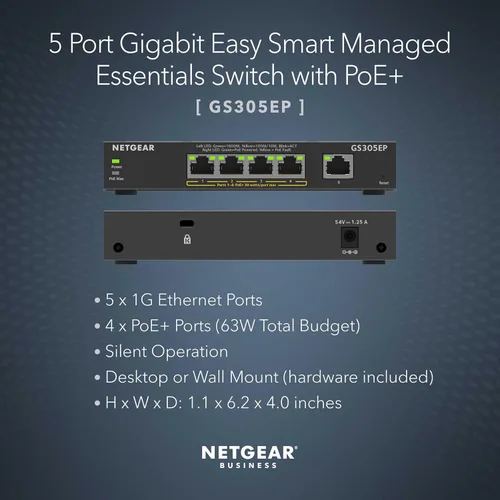 Vista 2 de NETGEAR Switch PoE Gigabit Ethernet Easy Smart Managed Essentials de 5 puertos (GS305EP) - con 4 x PoE+ @ 63W, para montaje en escritorio o en pared