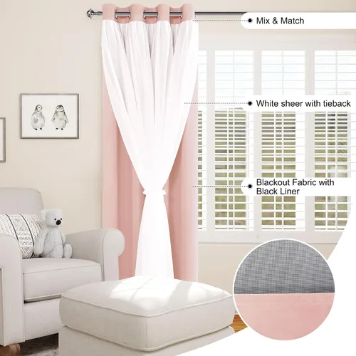 Vista 2 de XWZO Cortinas 100% opacas de doble capa para guardería, cortinas opacas con superposición transparente para dormitorio de niñas, cortinas