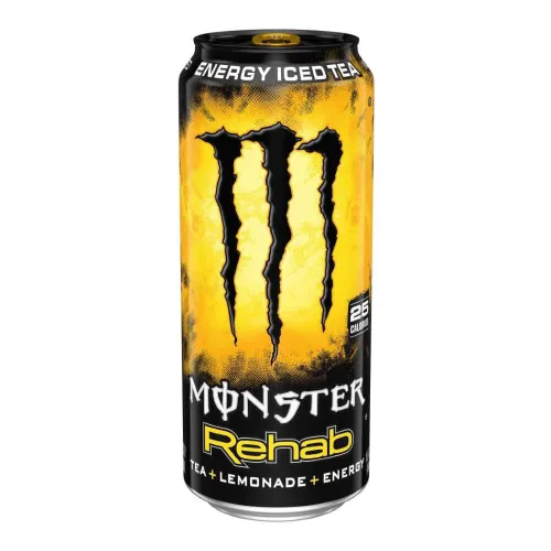 Vista 24 de Monster Energy Rehab Té Verde + Energía, Té Helado Energético, Bebida Energética 15.5 onzas (Paquete de 15) Té helado energético, paquete de 15