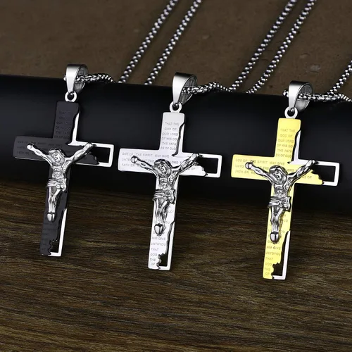 Vista 4 de YL Collar de cruz de acero inoxidable con colgante de crucifijo para hombre cadena Rolo de Jesucristo joyería de oración del Señor