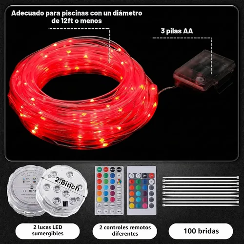 Vista 4 de Luces LED de 39.4 pies para piscinas sobre el suelo, iluminación de borde impermeable para piscinas de 12 pies, 2 paquetes de luces sumergibles
