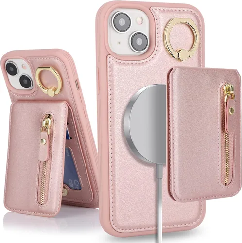 Vista 10 de para iPhone 14 Funda con soporte magnético Magsafe compatible, llavero de cuero PU plegable con soporte desmontable, funda tipo cartera 2-en-1