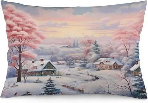 Vista 36 de Funda de almohada con escena de pueblo navideño con niños, fundas de almohada de 12 x 20 pulgadas, almohadas decorativas de Navidad para sofá, funda