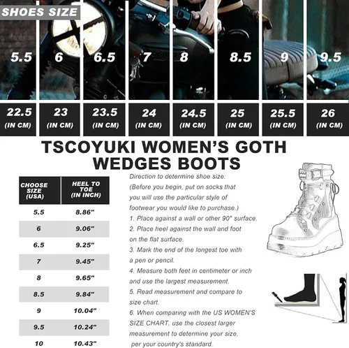 Vista 6 de Tscoyuki Botines de plataforma para mujer, botines de tacón alto gruesos, botas de combate góticas, botas de combate para mujer, con cordones, cuñas