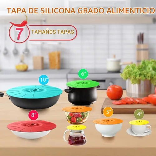 Vista 6 de Paquete de 7 tapas de silicona, cubierta para salpicaduras de microondas, 5 tamaños, reutilizables, resistentes al calor, tapas de succión