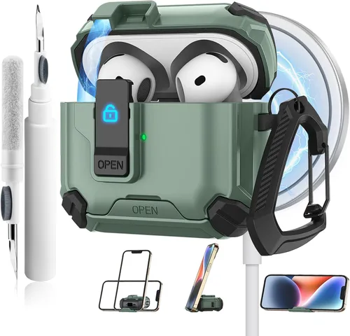 Vista 14 de Meliya Funda para AirPods 4, viene con soporte para teléfono y función MagSafe, funda rígida de protección completa automática emergente con bloqueo