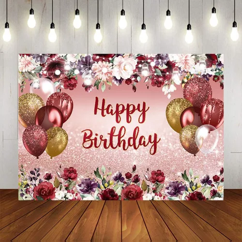 Vista 5 de Mocsicka Telón de fondo floral de feliz cumpleaños, flores burdeos, oro rosa, fondo de fotos con purpurina, vinilo para niñas y mujeres, decoración