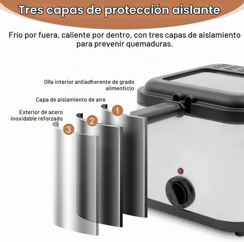 Vista 3 de Freidora eléctrica de acero inoxidable de 2.5 litros con canasta, Freidora Electrica Deaceite, tapa extraíble, temperatura ajustable con ventana