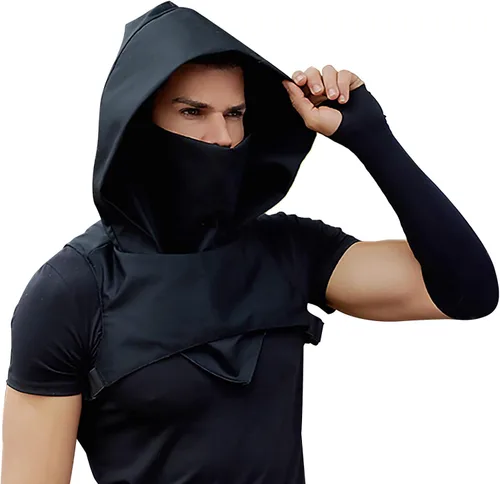 Vista 4 de Bufanda gótica punk con capucha estilo pícaro para invierno, resistente al viento, máscara de cuello con capucha, gorro medieval, disfraz de asesino