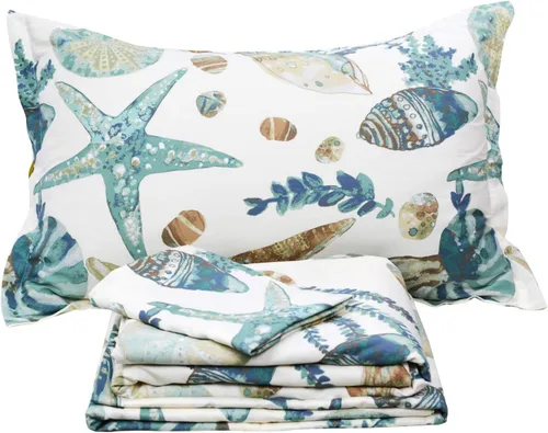 Vista 8 de FADFAY Juego de sábanas Queen con temática de playa, 100% algodón, ropa de cama costera súper suave, ropa de cama náutica de conchas marinas y Aqua