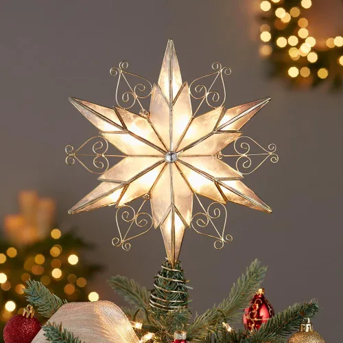 Vista 2 de Estrella de Capiz de 6 puntas y 10 luces de Kurt Adler para árbol de Navidad