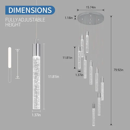Vista 5 de Lámpara colgante de cristal cromado, 9 luces, regulable, 54 W, 6000 K, escalera, grande, vestíbulo, sala de estar, vestíbulo, techo alto