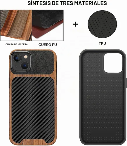 Vista 2 de TENDLIN Compatible con Funda para iPhone 15, Funda de Madera con Textura de Fibra de Carbono, Diseño Híbrido de Cuero Delgado (Negro)