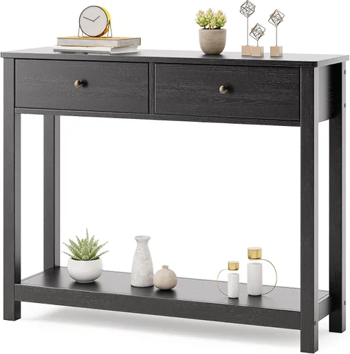 Vista 13 de Gizoon - Mesa de consola con 2 cajones, mesa de entrada de 2 niveles de madera con estantes de almacenamiento, mesa de sofá de 39" de ancho