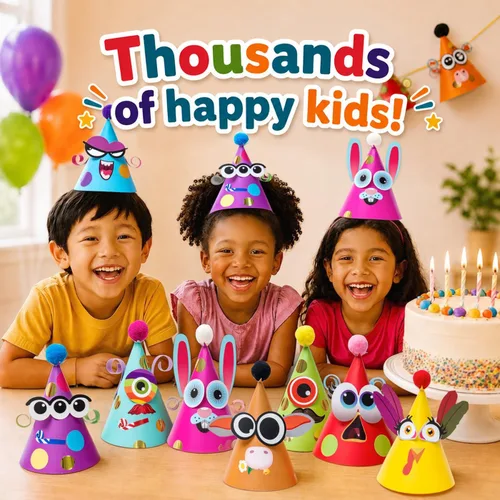 Vista 6 de Sombreros de fiesta de Glittery Garden para niños, arte y manualidades. Divertido kit de actividades de cumpleaños con pegatinas. Adorno de fiesta