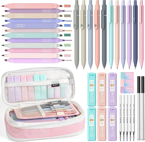 Vista 11 de Nicpro Juego de 50 artículos escolares con estuche para lápices, 6 bolígrafos de gel y recargas, 12 resaltadores, 6 lápices mecánicos artísticos, 12