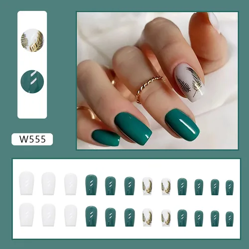 Vista 4 de 24 uñas postizas cuadradas medianas a presión, uñas postizas acrílicas artificiales con diseños de plumas doradas, cobertura completa