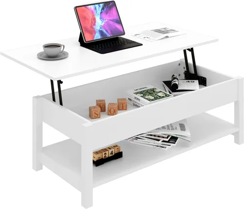 Vista 9 de Panana Mesa auxiliar elevable con compartimento oculto y estante abierto, mesa de té desplegable para sala de estar, 45.28 pulgadas de largo