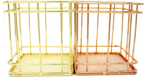 Vista 4 de Gullor Soporte cuadrado para lápices, organizador de escritorio de metal, soporte para brochas de maquillaje, taza de lápices, cobre, dorado