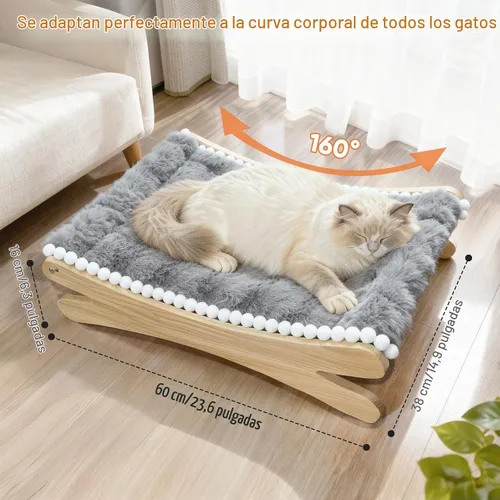 Vista 3 de Cama elevada de felpa para gatos, acogedora hamaca elevada para gatos con marco de madera maciza, cojín suave y peludo para gatos