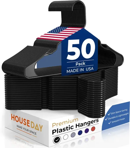 Vista 18 de HOUSE DAY Perchas de Plástico Premium Paquete de 10, Perchas para Ropa que Ahorran Espacio, Colgador Resistente para Abrigos - Organizadores de Negro