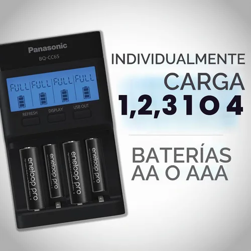 Vista 2 de Panasonic K-KJ65KHA4BA Cargador rápido súper avanzado de 4 posiciones con panel indicador LCD, puerto de carga USB y 4AA eneloop pro