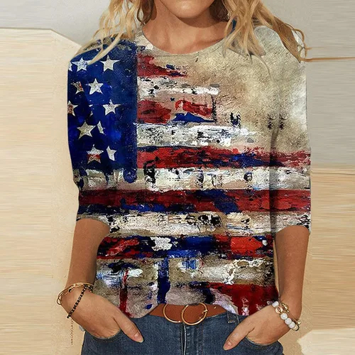 Vista 2 de Camisetas del 4 de julio para mujer 2023, casual, manga 34, cuello redondo, camisetas de verano con bandera de Estados Unidos, camiseta patriótica