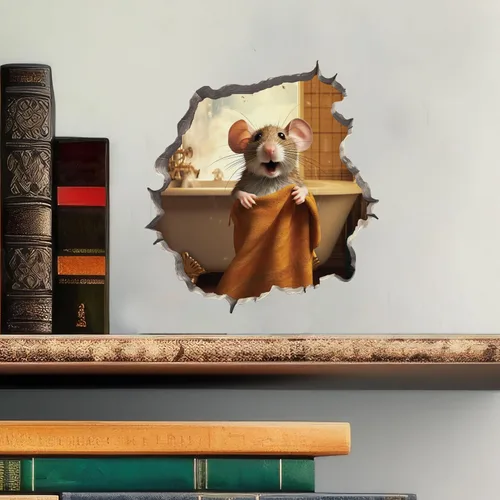 Vista 2 de Calcomanía de Pared de Ratón Saliendo de Agujero para Baño - Pegatina de Pared con Efecto 3D - Idea de Regalo Divertida