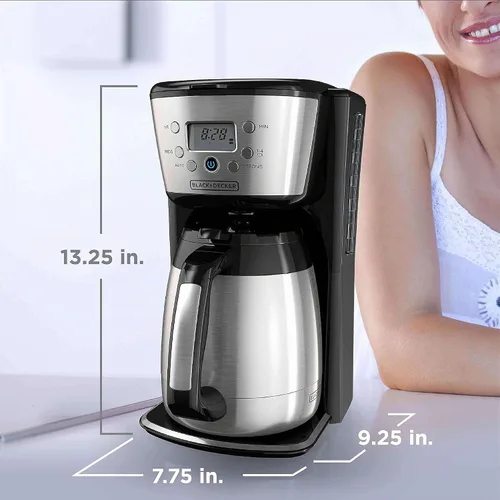 Vista 7 de Black+Decker Cafetera térmica, 12 tazas, programable, controles digitales, negro y plateado, CM2036SC