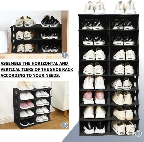 Vista 5 de Zapatero grueso de 6 niveles, organizador de almacenamiento apilable para entrada de dormitorio, estante ajustable, estante con ranuras para Negro