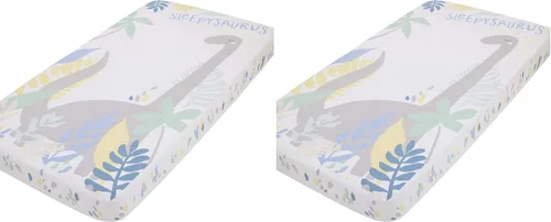 Vista 12 de NoJo Sleepysaurus - Sábana bajera ajustable para cuna, 100% algodón, diseño de hojas de dinosaurio azul, amarillo, gris y blanco